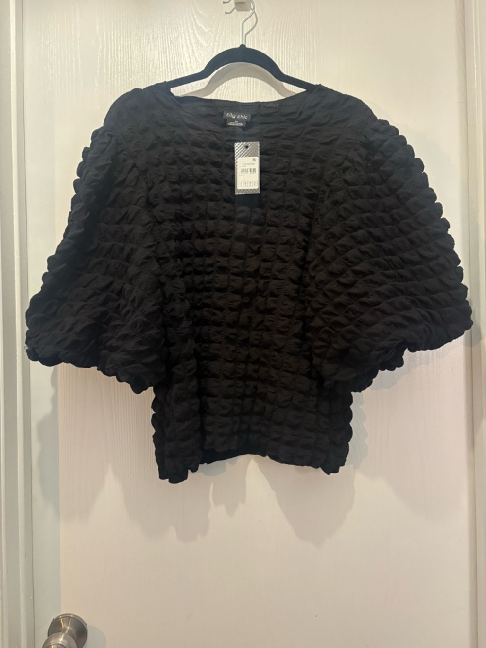 City Chic Black Textured Puff Sleeve Blouse
